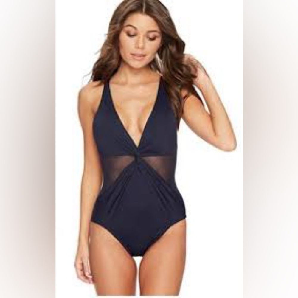 MICHAEL Michael Kors Layered Illusion One Piece Plunge Swimsuit Black MM3H249 14